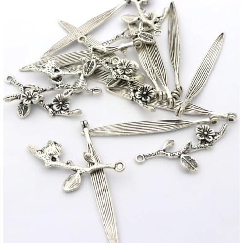 30 pcs Antique Silver Color Metal Flower Branch Leaf Small Long Charm Pendant For Jewelry Making Diy Earring Bracele Accessories