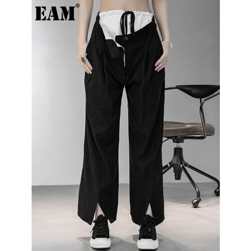 [EAM] High Elastic Waist Black Spliced Slit Wide Leg Trousers New Loose Fit Pants Women Fashion Tide Spring Autumn 2021 1DD7722