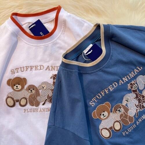 Ins Harajuku Bear Embroidery American Retro Style T Shirts Women Overszied Tshirts 2021 New japanese style Teens Girls Cute Tops