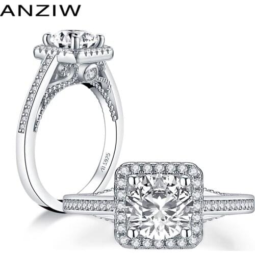 Trendy 925 Sterling Silver 1.25 CT Round Cut Halo Ring Engagement Simulated Diamond Wedding Silver Square Rings Jewelry