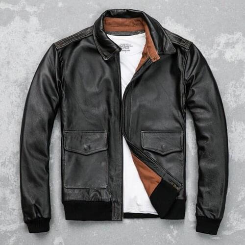 2021 Black Military Style A2 Pilot Leather Jacket Large Size 4XL Real Natural Cowhide Autumn Slim Fit USAF Aviation Coat