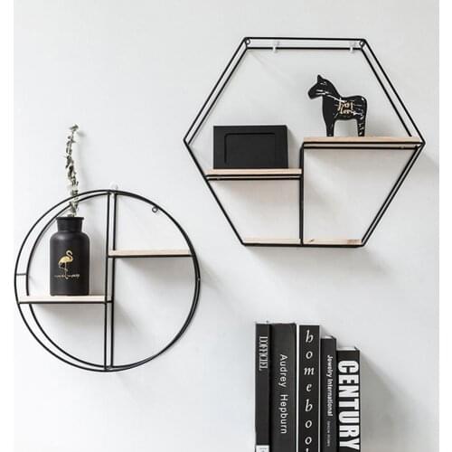 Wall Storage Rack Metal Wooden Storage Rack Wall Hanging Book Figurines Flower Pot Display Shelf Decoration Crafts Home Decor