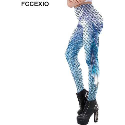 FCCEXIO New Summer Galaxy Mermaid Women Leggings For Workout Pants Slim Mid-Waist Slim Leggins Fitness Fish Scales Legins