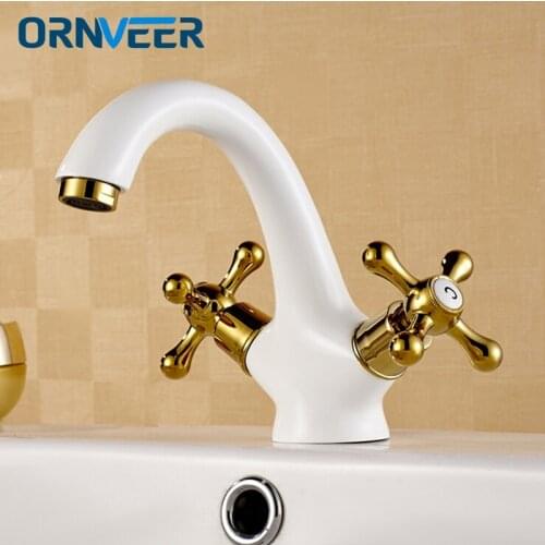 New Arrival European Antique Gold plated White Faucet Basin Sink Universal Double Handle Hot and Cold Mixer Bathroom Taps WC047