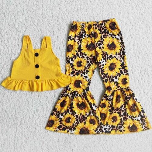 New Designe Kids Designer Clothes Girls Bell Bottom Outfits Boutique Baby Girls Clothes Sets Sunflower Fashion Wholesale Kid Set