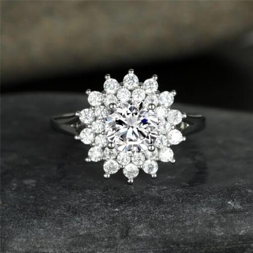 White Zircon Big Round Stone Engagement Ring Female Luxury Crystal Flower Ring Fashion Gold Silver Color Wedding Rings For Women