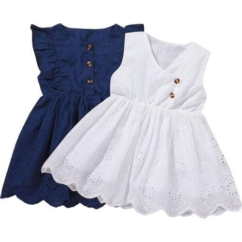 Baby Girls' Solid Color Dress, Sleeveless Button Decoration Hollowed Lace Flower Skirt Hem for Summer Wear 6M-4T