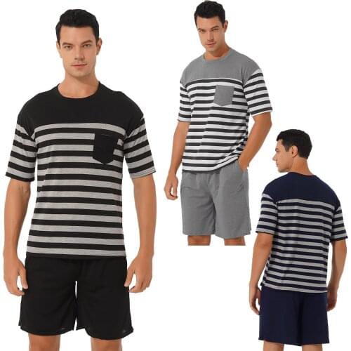 Men Striped 2Pcs Pajama Set Contrast Color Sleepwear Homewear Nightwear Round Neck Short Sleeve T-Shirt With Drawstring Shorts
