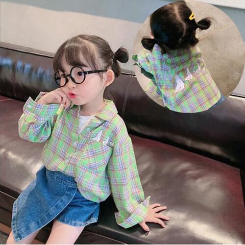 Girls Shirts 2021 Spring Fall Kids Blouse Korean Style Childrens Plaid Long Sleev Tops Cute Cartoon Printed Girl Blouses Shirts