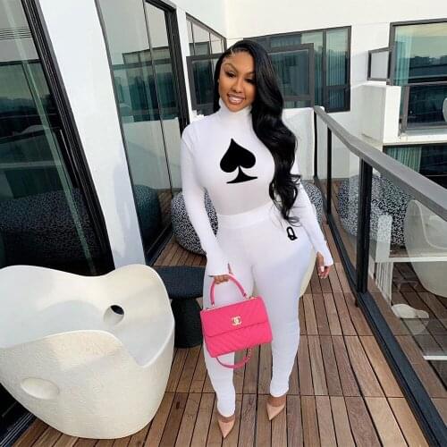 Sexy Fitness Tracksuit Poker Card Print Long Sleeve T-shirts Tops and Stacked Legging Casual Plus Size Bodycon Two Piece Outfit