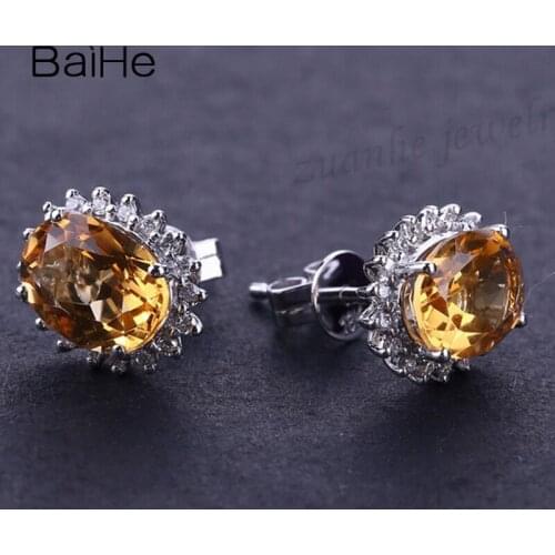 BAIHE Solid 14k White Gold Natural Citrine серьги 5x7mm Engagement Gift Party Fine Jewelry Stud Earrings for Women