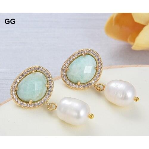 GuaiGuai Jewelry White Rice Pearl Green Amazonite Cz Pave Stud Earrings