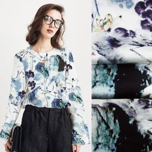 135CM Wide 19MM Ink Blue Lotus Print Stretch Smooth Nude Color Silk Satin Fabric Good for Summer Dress Skirt Shirt Pants JH022