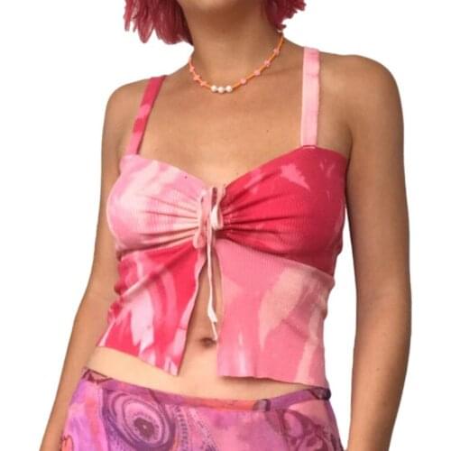 Summer Ladies Midriff-baring Camisole, Girls Color Matching Irregular Printing Front Lace Up Sleeveless Base Shirt V-neck Tops