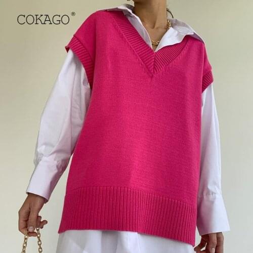 COKAGO Knitted Sweater Vest Women V Neck Solid Pullovers Top Sleeveless Tank Tops Waistcoat Autumn Winter 2021 Waistcoat