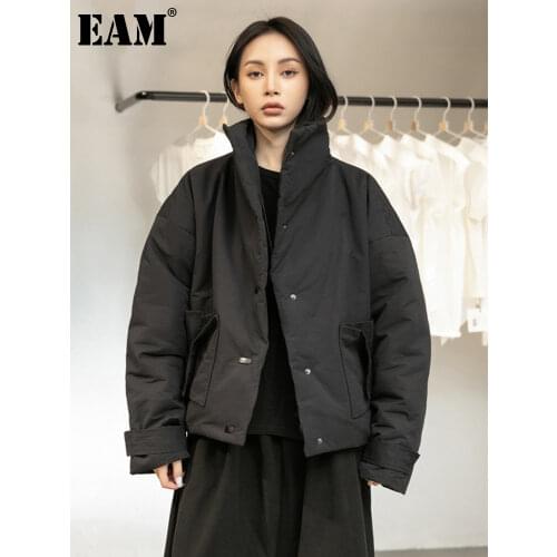 [EAM] Black Warm Short Stand Collar Cotton-padded Coat Long Sleeve Loose Fit Women Parkas Fashion Tide New Autumn Winter 2021