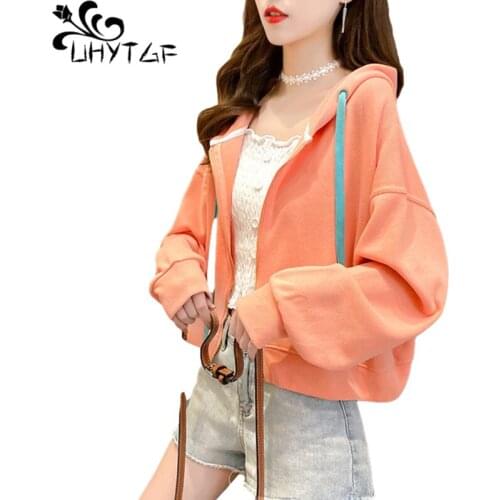 UHYTGF Womens Sweatshirt Hooded Cardigan Student Spring Autumn Jacket Pure Color Wild Casual Short Coat Thin Plus Size Tops1982