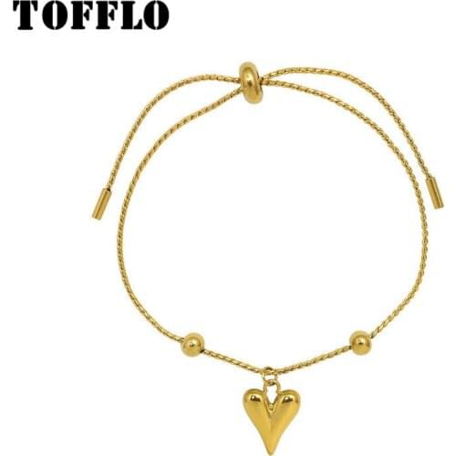 TOFFLO Stainless Steel Jewelry Peach Heart Pendant Pull Clasp Handle 18 K Golden Womens Sweet Love Bracelet BSE264