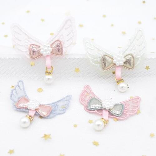 10pcs/lot Angel-Wing Lace Embroidery with Pearl Pendant for Clothes Patch Fabric Sewing Craft Socks Gloves Applique Decor H76