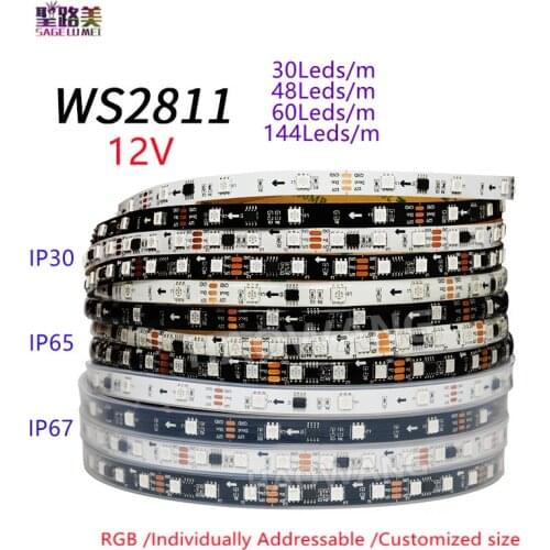 5m/rolls WS2811 DC12V RGB Led Strip Light 5050 SMD Addressable 30/48/60LEDs 1 IC Control 3 Leds White/Black PCB led strip lights