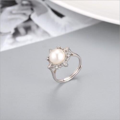 925 Silver Korean Fashion CZ Flower Natural Pearl Adjustable Rings for Women Girls Birthday Gift 2020 New Charms Jewelry Sale