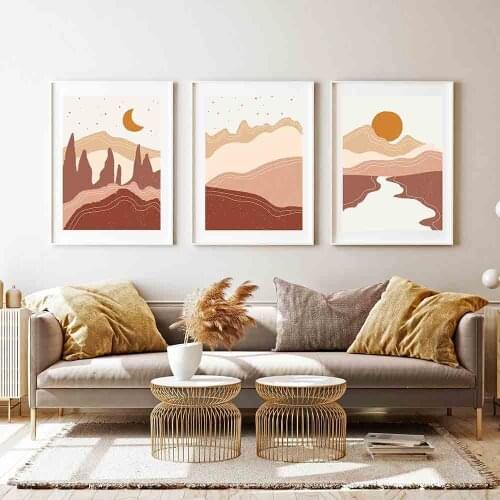 Abstract Minimalist Mountain Sun Landscape Wall Art Canvas Painting Boho Crescent Moon Art Poster Print Wall Pictures for Living