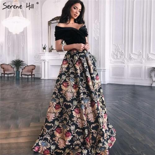 Black Off Shoulder 3D Flowers Prom Dresses 2020 Real Photo Short Sleeve A-Line Sexy Prom Gowns Serene Hill BLA70016