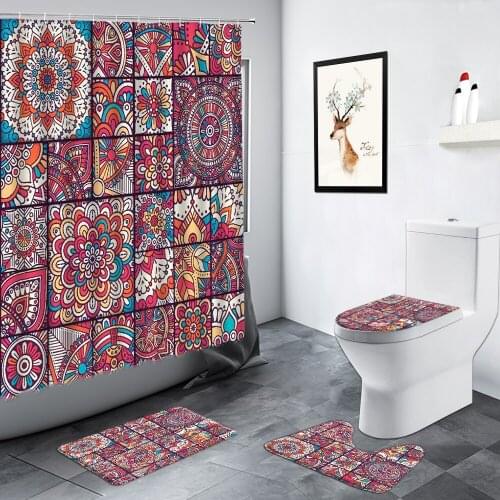 Geometric Mandala Bohemian Flowers Pattern Shower Curtains Fashion Ethnic Style Non-slip Rug Toilet Bath Mat Bathroom Decor Sets
