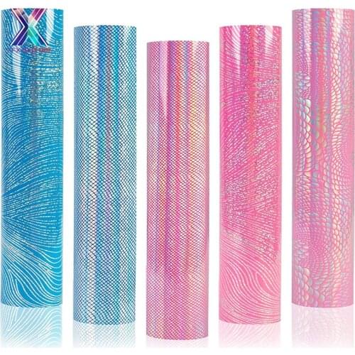 XFX HTV 5Pcs 12x10in Holographic Laser Petal Ripple Lizard Pattern Laser Pink & Blue Heat Transfer Paper for DIY T-shirt Cricut