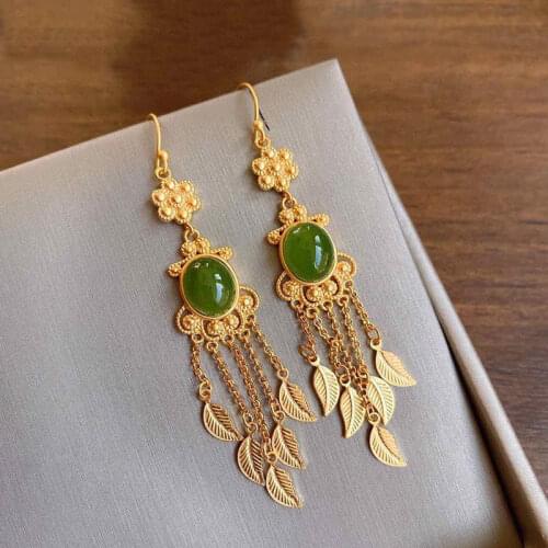 Natural Hetian Sapphire Tassel Feather Earrings Chinese Style Retro Light Luxury Noble Unique Charm Women Silver Jewelry