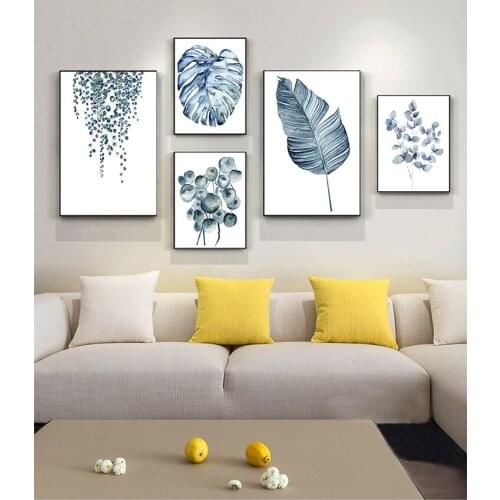 Painting Wall Picture Dining Room Kitchen Decor Botanical Leaf Art Print Blue Flower Poster And Print Wall Art Minimalist Canvas