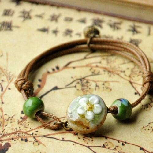 Coffee Color Weave Rope Charm Bracelects Flower Pendant Bangles For Women Men Ceramic Beads Link Chains Wristband Women Men Gift