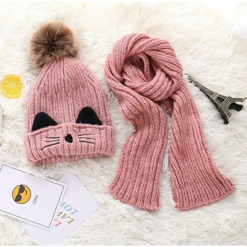 2Pcs Children Warm Autumn Winter Knitted Hat with Scarf Set Skullies cartoon cat Beanies for Boys Girls Christmas Gift HT19045