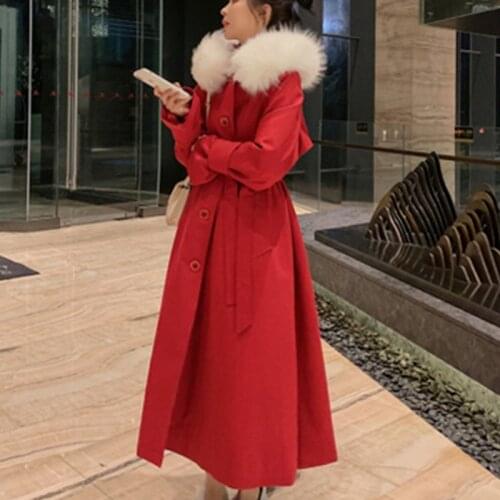 Red Cotton Coat Women Clothing 2020 New Autumn Winter Korean Fashion Mid-Length Big Fur Collar Thicken Elegant Woman Cotton Coat
