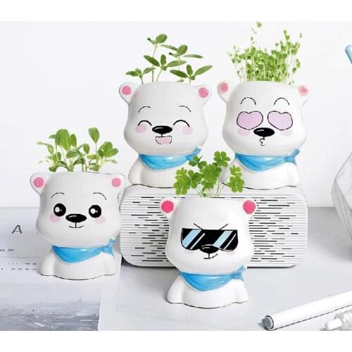Cute The Bear Creative Expression Mini Ceramic Flower Pot Small Cartoon Planter Succulent Plants Bonsai Pot Home Garden Decorate