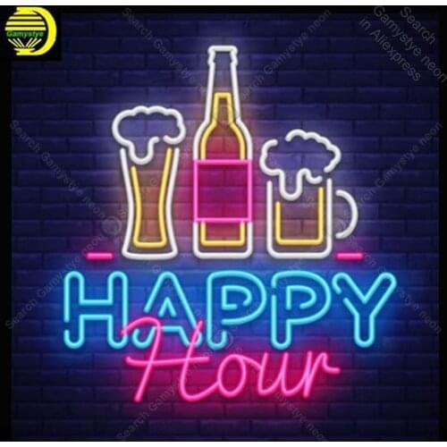 Happy Hour Neon Sign Handmade neon light Sign Decorate Beer Bar Hotel Iconic Art Neon Lamps adorn lamp Artwork Real Glass Tube