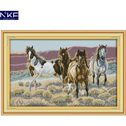NKF The Four Horses Animail Pattern Handmade Craft Needlework Cross Stitch Embroidery Kit Cross Stitch for Home Decor
