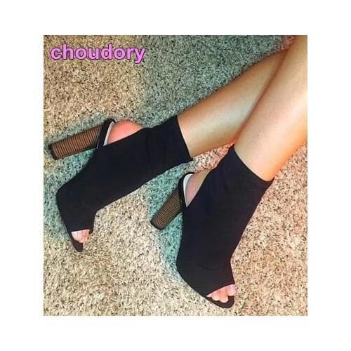 New Season Black Nude Army Green Knitting Boots Exposed Heel Ankle Boots Stretchy Fabric Open Toe Shoes Thick Heels Pumps Boots