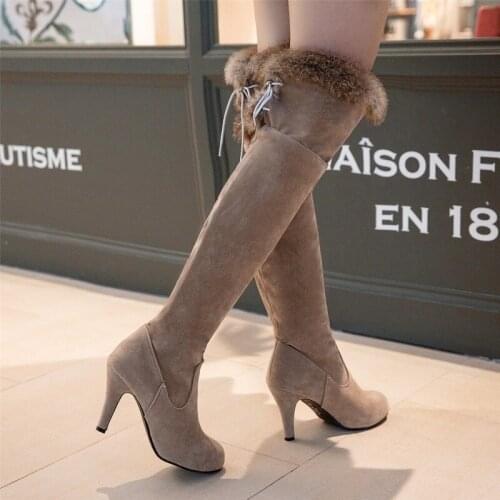 Autumn and Winter Over The Knee Beige Black Snow Shoes 9.5cm High Stiletto Heels Thigh Long Boots Plus Size 34-43