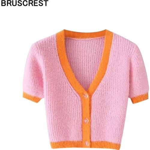 Fall cardigan sexy crop sweater knitted pink cardigans ladies christmas sweater v neck cropped cardigan short sleeve
