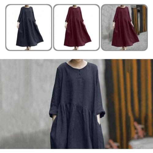 Robe Dress Loose Fit Large Hem Solid Color Long Sleeve O-Neck Maxi Dress Party Dress Streetwear