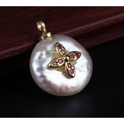 Gold wine red cz zircon paved flower charms natural freshwater pearl bead pendant charm for jewelry diy making for choker