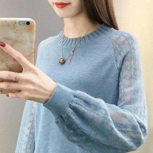 Hollow Sweater Womens Spring New Long-Sleeved round Neck Loose Lantern Sleeve Thin Western Style Bottoming Shirt Womens Shirt