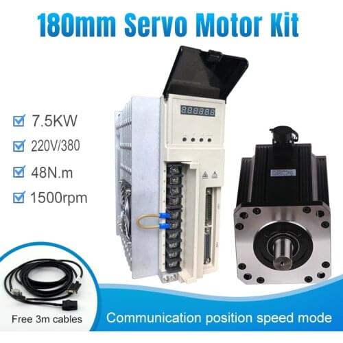 3 Phase 180mm 7.5KW 7500W AC 380V/220V 32A 1500rpm 48N.M Servo engine motor and Servo Driver with cables