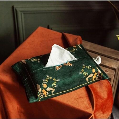 Dark Green Tissue Bag Waterproof Chenille Fabric Organizer Case Vintage Floral Printing Paper Towel Bag Home Car Tissue Box