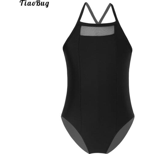 TiaoBug Kids Girls Black Ballet Dance Gym Yoga Leotard Shoulder Straps Cross At Rear Sleeveless See-Through Bodysuit Jumpsuit