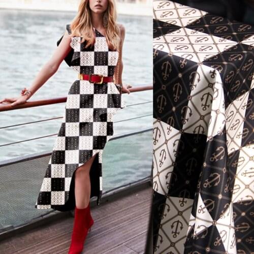 118CM Wide 19MM 93% Silk & 7% Spandex Black White Geometry Print Stretch Silk Satin Fabric for Dress Cheongsam Jacket D1113