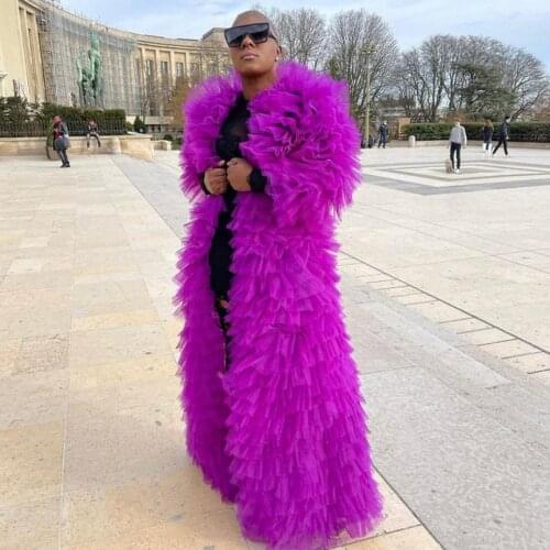 Cozy Purple Lush Party Dress For Photo Shoot Tulle Jacket Coat Long Robe Fluffy Ruffle Front Open Street Dressing Gown