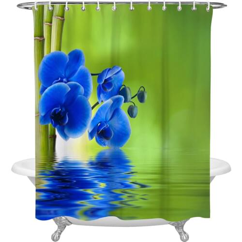 Blue Flower Green Bamboo Water Wave Reflection Shower Curtain Home Decoration Bathroom Item Bathroom Waterproof Shower Curtain