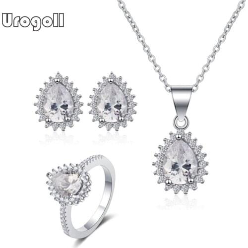 Genuine 925 Sterling Silver Bridal Jewelry Sets Waterdrop Rhinestone Zircon Necklace Earrings Ring Gift For Women Wedding Party